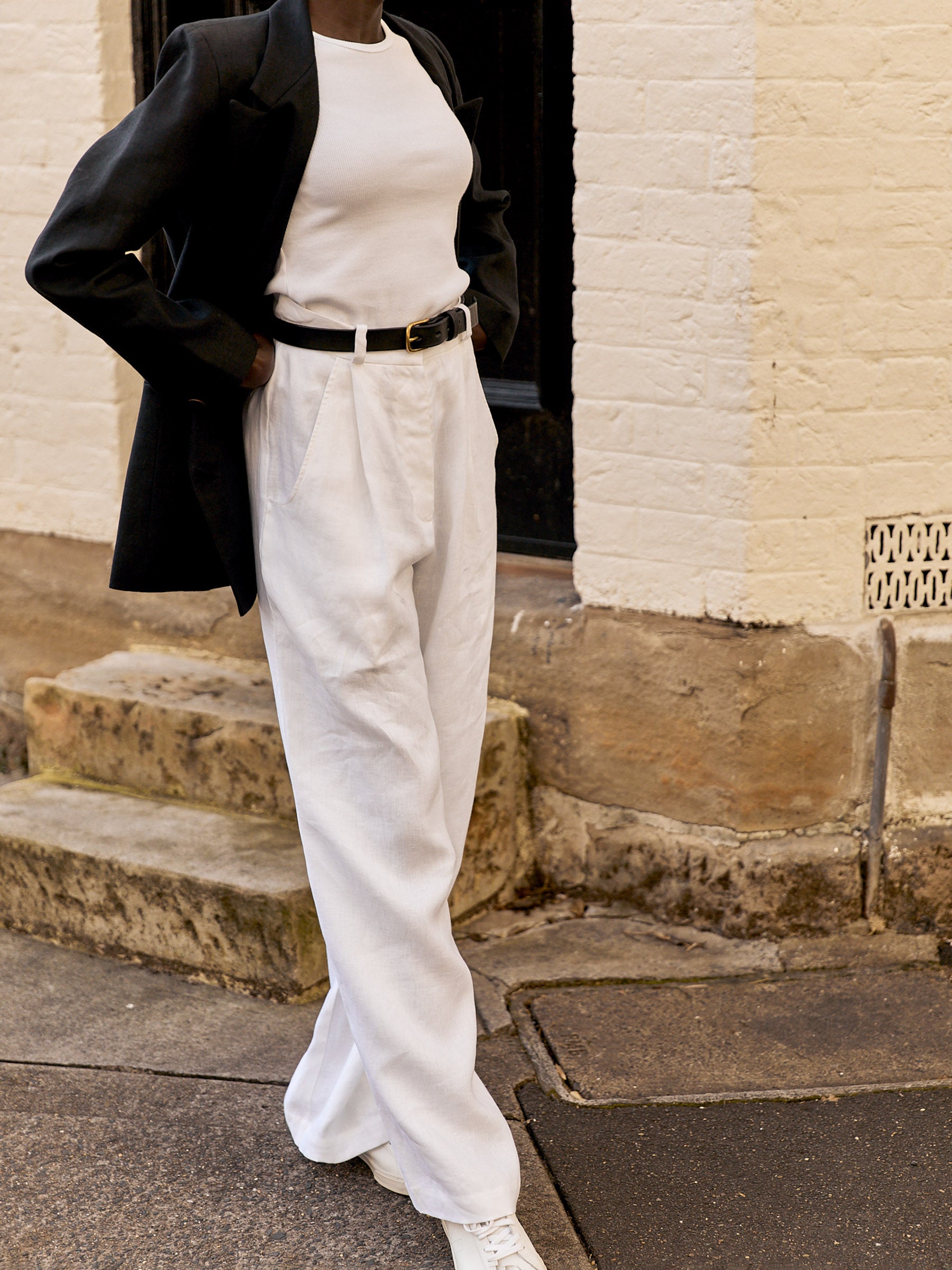 White pants black blazer outfit on sale